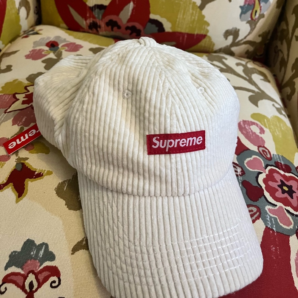 White corduroy supreme hat small box logo